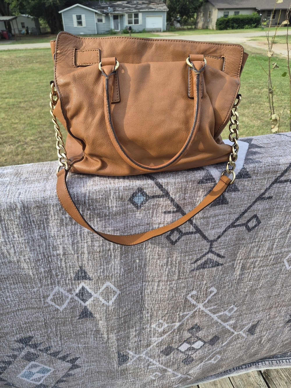 Michael Kors Cognac Leather Shoulder Tote with Gold Chain Accents
